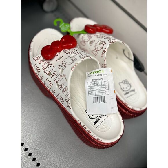 Crocs Women’s Hello Kitty Stomp Slides White Red Shiny Soles Platforms Sz 10 US - Picture 3 of 7